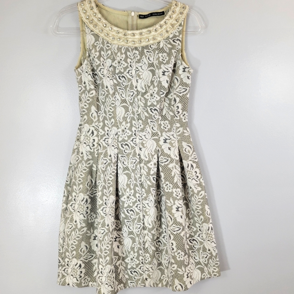 ZARA BASIC jeweled rhinestone brocade fit flare retro sophisticated mini dress